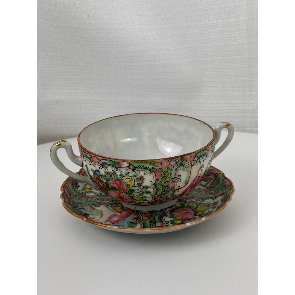 Vintage Rose Medallion Bouillon Cup Saucer Set Multicolor Hand Painted Excellent